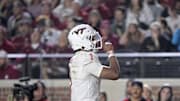 Nov 15, 2025; Tallahassee, Fla.; Virginia Tech quarterback Kyron Drones (1) celebrates a touchdown against Florida State.