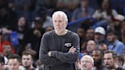 Oct 30, 2024; Oklahoma City, Oklahoma, USA; San Antonio Spurs head coach Gregg Popovich watches his team play against the Oklahoma City Thunder during the second half at Paycom Center. Mandatory Credit: Alonzo Adams-Imagn Images