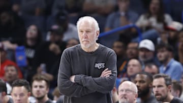 Oct 30, 2024; Oklahoma City, Oklahoma, USA; San Antonio Spurs head coach Gregg Popovich watches his team play against the Oklahoma City Thunder during the second half at Paycom Center. Mandatory Credit: Alonzo Adams-Imagn Images