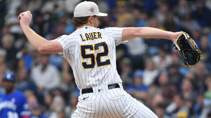 May 14, 2023; Milwaukee, Wisconsin, USA; Milwaukee Brewers starting pitcher Eric Lauer (52) delivers a pitch against the Kansas City Royals in the seventh inning at American Family Field