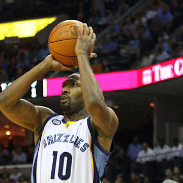 Apr 7, 2012; Memphis, TN, USA;  Memphis Grizzlies point guard Gilbert Arenas (10) shoots the ball from behind the arch during the second half against the Dallas Mavericks at the FedEx Forum.  Memphis Grizzlies defeat the Dallas Mavericks 94-89.  Mandatory Credit: Spruce Derden-Imagn Images