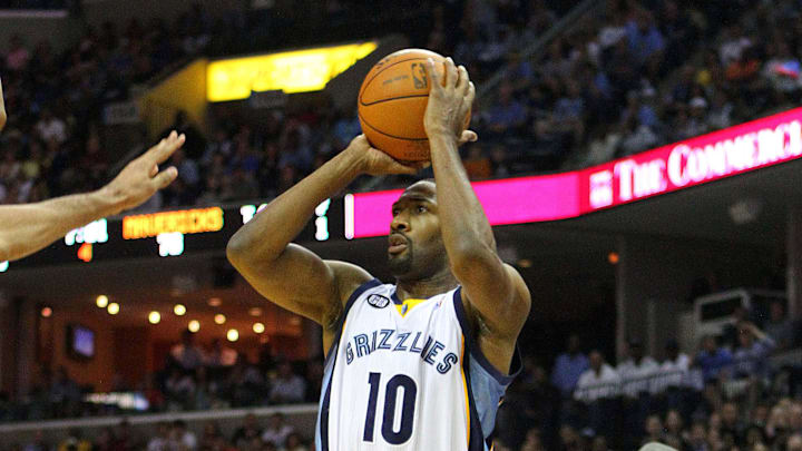 Apr 7, 2012; Memphis, TN, USA;  Memphis Grizzlies point guard Gilbert Arenas (10) shoots the ball from behind the arch during the second half against the Dallas Mavericks at the FedEx Forum.  Memphis Grizzlies defeat the Dallas Mavericks 94-89.  Mandatory Credit: Spruce Derden-Imagn Images