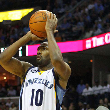 Apr 7, 2012; Memphis, TN, USA;  Memphis Grizzlies point guard Gilbert Arenas (10) shoots the ball from behind the arch during the second half against the Dallas Mavericks at the FedEx Forum.  Memphis Grizzlies defeat the Dallas Mavericks 94-89.  Mandatory Credit: Spruce Derden-USA TODAY Sports