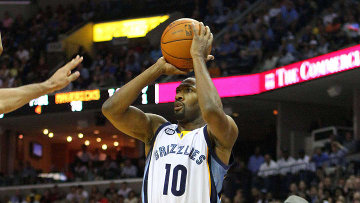 Apr 7, 2012; Memphis, TN, USA;  Memphis Grizzlies point guard Gilbert Arenas (10) shoots the ball from behind the arch during the second half against the Dallas Mavericks at the FedEx Forum.  Memphis Grizzlies defeat the Dallas Mavericks 94-89.  Mandatory Credit: Spruce Derden-USA TODAY Sports