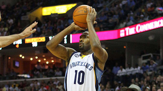 Apr 7, 2012; Memphis, TN, USA;  Memphis Grizzlies point guard Gilbert Arenas (10) shoots the ball from behind the arch during