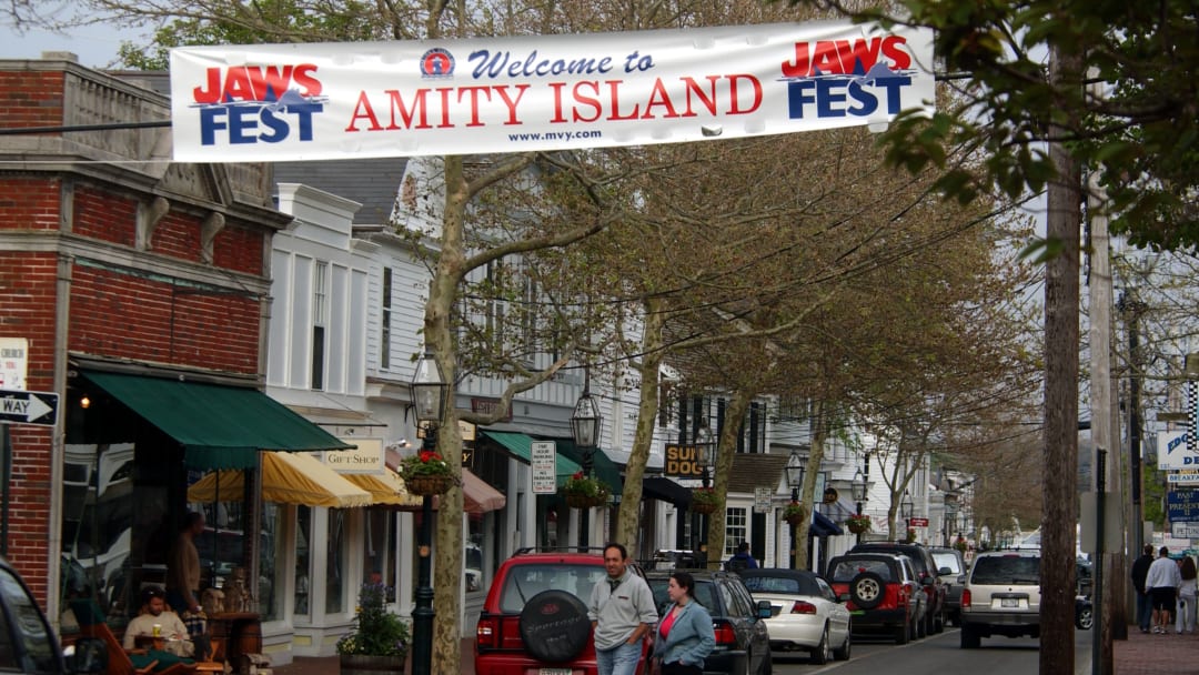 A banner welcomes people to fictional "Amity Island" in Martha's Vineyard, Massachusetts.