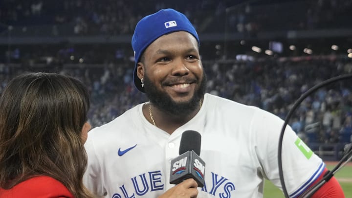 Blue Jays first baseman Vladimir Guerrero Jr. is interviewed after defeating the Mariners in Game 6 of the ALCS.