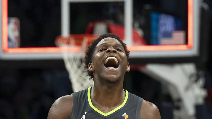 Jan 11, 2026; Minneapolis, Minnesota, USA; Minnesota Timberwolves guard Anthony Edwards (5) celebrates after defeating the San Antonio Spurs at Target Center. Mandatory Credit: Jesse Johnson-Imagn Images