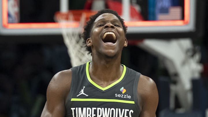 Jan 11, 2026; Minneapolis, Minnesota, USA; Minnesota Timberwolves guard Anthony Edwards (5) celebrates after defeating the San Antonio Spurs at Target Center. Mandatory Credit: Jesse Johnson-Imagn Images