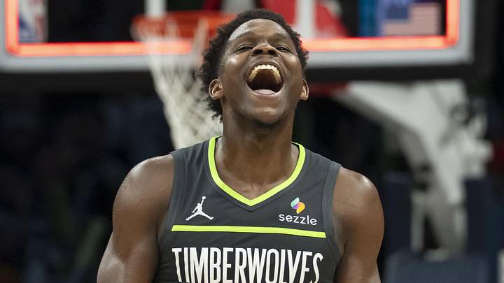 Jan 11, 2026; Minneapolis, Minnesota, USA; Minnesota Timberwolves guard Anthony Edwards (5) celebrates after defeating the San Antonio Spurs at Target Center. Mandatory Credit: Jesse Johnson-Imagn Images