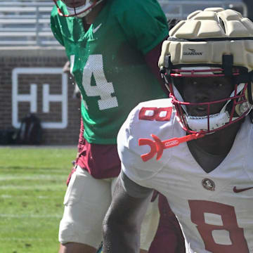 Florida State football players take part in drills during an FSU spring football practice of the 2023 season on Thursday, April 6, 2023 in Doak Campbell Stadium.

Hykeem Williams