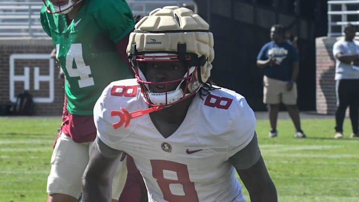 Florida State football players take part in drills during an FSU spring football practice of the 2023 season on Thursday, April 6, 2023 in Doak Campbell Stadium.

Hykeem Williams