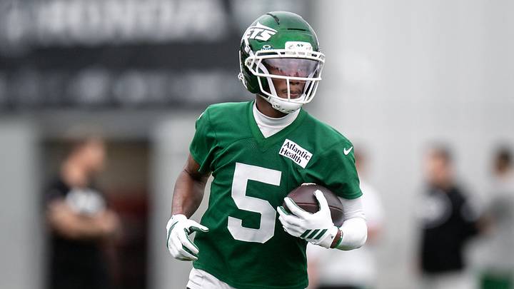 Jul 30, 2026; Florham Park, NJ, USA; New York Jets wide receiver Garrett Wilson (5) participates in a drill during training camp at Atlantic Health Jets Training Center. Mandatory Credit: John Jones-Imagn Images
