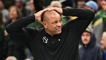 Milwaukee Bucks head coach Doc Rivers reacts in the 4th quarter against the Chicago Bulls at Fiserv Forum on November 7.