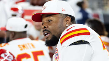Aug 9, 2025; Glendale, Arizona, USA; Kansas City Chiefs offensive tackle Jawaan Taylor (74) against the Arizona Cardinals during a preseason NFL game at State Farm Stadium.