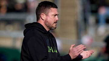 Oregon head coach Dan Lanning takes the field ahead of the game as the Oregon Ducks host the USC Trojans on Nov. 22, 2025, at Autzen Stadium in Eugene, Oregon.