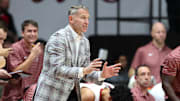 Nov 3, 2025; Tuscaloosa, Alabama, USA; Alabama Crimson Tide head coach Nate Oats reacts during the first half against the North Dakota Fighting Hawks at Coleman Coliseum. Mandatory Credit: David Leong-Imagn Images