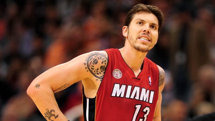 Nov. 17, 2012; Phoenix, AZ, USA; Miami Heat forward Mike Miller (13) reacts on the court during the game against the Phoenix Suns at US Airways Center. The Heat defeated the Suns 97-88. Mandatory Credit: Jennifer Stewart-USA TODAY Sports