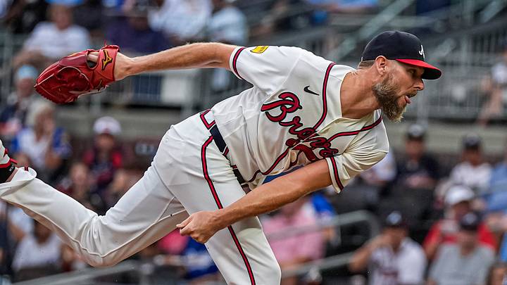 Aug 27, 2026; Cumberland, Georgia, USA; Atlanta Braves pitcher Chris Sale (51) pitches against the Los Angeles Dodgers during the first inning at Truist Park. Mandatory Credit: Dale Zanine-Imagn Images