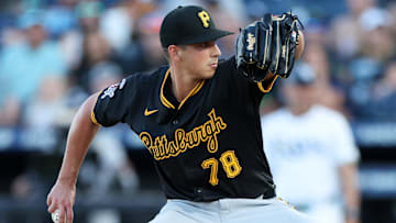Apr 1, 2025; St. Petersburg, Florida, USA; Pittsburgh Pirates starting pitcher Thomas Harrington (78) throws a pitch against the Tampa Bay Rays in the first inning at George M. Steinbrenner Field. Mandatory Credit: Nathan Ray Seebeck-Imagn Images