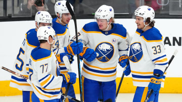 Dec 15, 2023; Las Vegas, Nevada, USA; Buffalo Sabres center Casey Mittelstadt (37) celebrates with