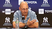 Aug 23, 2023; Bronx, New York, USA; New York Yankees general manager Brian Cashman talks with the media before the game between the Yankees and the Washington Nationals at Yankee Stadium. Mandatory Credit: Vincent Carchietta-Imagn Images