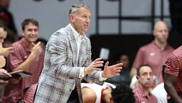 Nov 3, 2025; Tuscaloosa, Alabama, USA; Alabama Crimson Tide head coach Nate Oats reacts during the first half against the North Dakota Fighting Hawks at Coleman Coliseum. Mandatory Credit: David Leong-Imagn Images