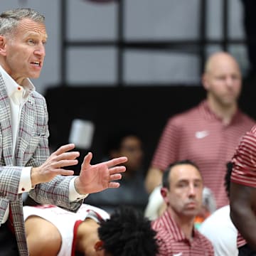 Nov 3, 2025; Tuscaloosa, Alabama, USA; Alabama Crimson Tide head coach Nate Oats reacts during the first half against the North Dakota Fighting Hawks at Coleman Coliseum. Mandatory Credit: David Leong-Imagn Images