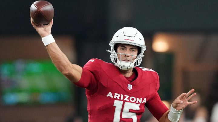 Aug 10, 2024; Glendale, Arizona, USA; Arizona Cardinals quarterback Clayton Tune (15) throws a pass against the New Orleans Saints during the second half at State Farm Stadium. Mandatory Credit: Joe Camporeale-USA TODAY Sports