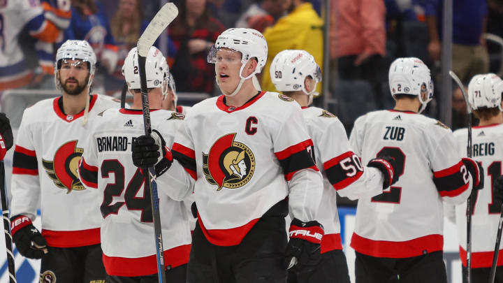 Mar 16, 2024; Elmont, New York, USA;  Ottawa Senators left wing Brady Tkachuk (7) scored the winning goal to beat the New York Islanders in overtime at UBS Arena. Mandatory Credit: Thomas Salus-USA TODAY Sports