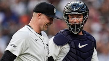 Detroit Tigers pitcher Tarik Skubal (29) talks to catcher Dillon Dingler (13) after pitching the fifth inning against the Boston Red Sox at Comerica Park in Detroit on Wednesday, May 14, 2025.