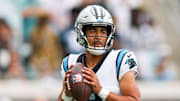 Sep 7, 2025; Jacksonville, Florida, USA; Carolina Panthers quarterback Bryce Young (9) stands in the pocket against the Jacksonville Jaguars during the first half at EverBank Stadium. Mandatory Credit: Nathan Ray Seebeck-Imagn Images