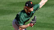 Jul 8, 2023; Seattle, Washington, USA; National League Futures relief pitcher Carson Whisenhunt (18) of the San Francisco Giants pitches to the American League during the third inning of the All Star-Futures game at T-Mobile Park