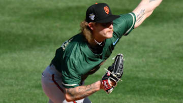 Jul 8, 2023; Seattle, Washington, USA; National League Futures relief pitcher Carson Whisenhunt (18) of the San Francisco Giants pitches to the American League during the third inning of the All Star-Futures game at T-Mobile Park