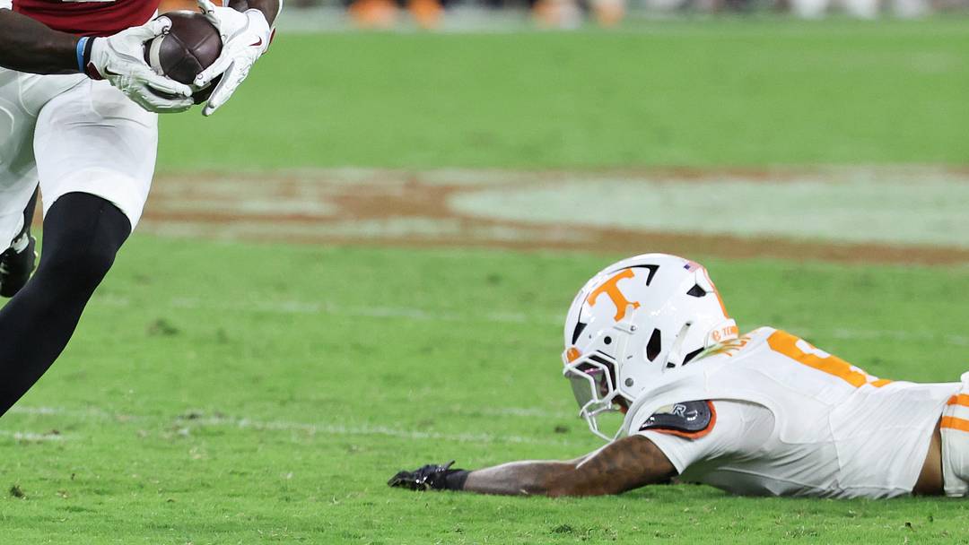 Oct 18, 2025; Tuscaloosa, Alabama, USA; Alabama Crimson Tide wide receiver Germie Bernard (5) runs with the ball in the third quarter against the Tennessee Volunteers at Saban Field at Bryant-Denny Stadium. Mandatory Credit: David Leong-Imagn Images