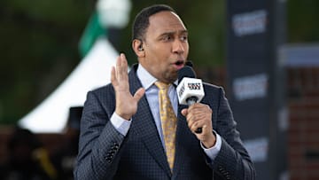 Sports commentator Stephen A. Smith speaks during a live taping of ESPN's \"First Take\" at Florida A&M University's new Will Packer Performing Arts Amphitheater as part of the school's homecoming festivities Friday, Oct. 29, 2021.