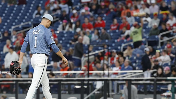 May 23, 2025; Washington, District of Columbia, USA; Washington Nationals starting pitcher MacKenzie Gore (1) walks off the field after being removed from the game against the San Francisco Giants after an apparent injury during the seventh inning at Nationals Park. 