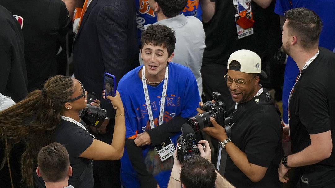 Actor Timothee Chalamet celebrates after the New York Knicks defeat the San Antonio Spurs to win the 2026 NBA championship. Actor Timothee Chalamet celebrates after the New York Knicks defeat the San Antonio Spurs to win the 2026 NBA championship.