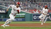 Sep 12, 2024; Washington, District of Columbia, USA; Washington Nationals outfielder Dylan Crews and Nationals outfielder James Wood round third base.