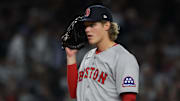 Oct 2, 2025; Bronx, New York, USA; Boston Red Sox pitcher Connelly Early (71) stands on the mound in the first inning against the New York Yankees during game three of the Wildcard round for the 2025 MLB playoffs at Yankee Stadium. Mandatory Credit: Vincent Carchietta-Imagn Images