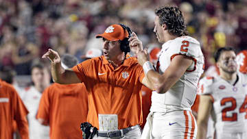 Oct 5, 2024; Tallahassee, Florida, USA; Clemson Tigers head coach Dabo Swinney talks with quarterback Cade Klubnik (2) during the first half against the Florida State Seminoles at Doak S. Campbell Stadium. Mandatory Credit: Melina Myers-Imagn Images