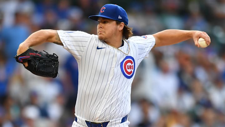 Aug 17, 2024; Chicago, Illinois, USA; Chicago Cubs starting pitcher Justin Steele (35) pitches during the first inning against the Toronto Blue Jays at Wrigley Field