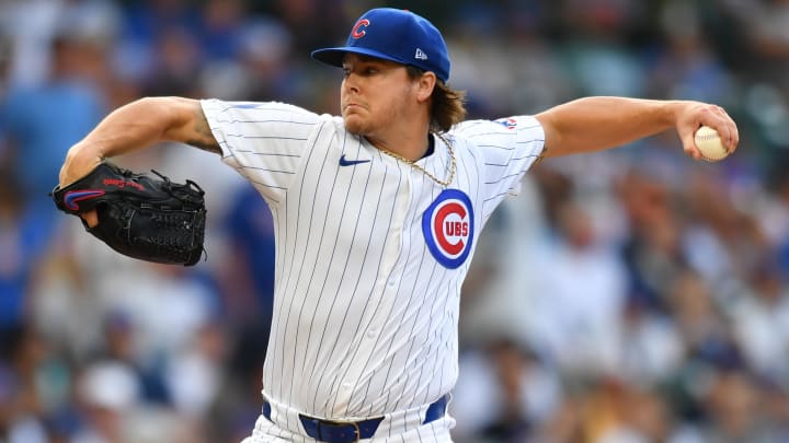 Aug 17, 2024; Chicago, Illinois, USA; Chicago Cubs starting pitcher Justin Steele (35) pitches during the first inning against the Toronto Blue Jays at Wrigley Field. Mandatory Credit: Patrick Gorski-USA TODAY Sports