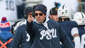 Dec 21, 2024; University Park, Pennsylvania, USA; Penn State Nittany Lions head coach James Franklin reacts during the first half against the Southern Methodist Mustangs at Beaver Stadium. Mandatory Credit: Vincent Carchietta-Imagn Images