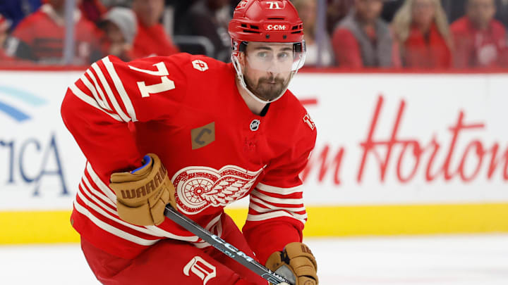 Dec 28, 2025; Detroit, Michigan, USA;  Detroit Red Wings center Dylan Larkin (71) skates with the puck in the second period against the Toronto Maple Leafs at Little Caesars Arena. Mandatory Credit: Rick Osentoski-Imagn Images