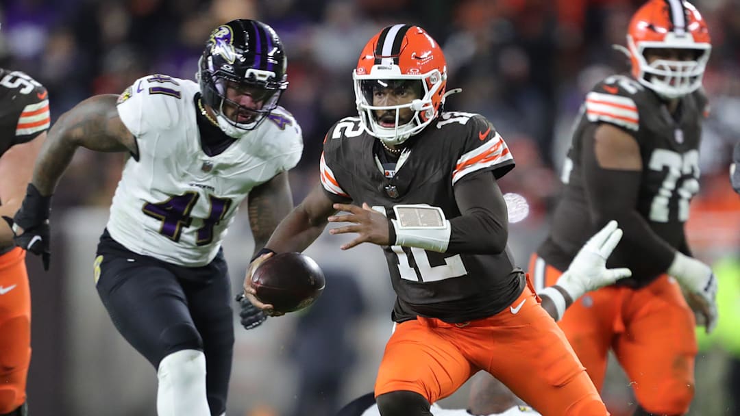 Cleveland Browns quarterback Shedeur Sanders (12) scrambles for yards during the second half of an NFL football game against the Baltimore Ravens at Huntington Bank Field, Nov. 16, 2025, in Cleveland, Ohio. Cleveland Browns quarterback Shedeur Sanders (12) scrambles for yards during the second half of an NFL football game against the Baltimore Ravens at Huntington Bank Field, Nov. 16, 2025, in Cleveland, Ohio.