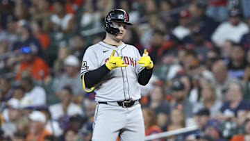 Sep 8, 2024; Houston, Texas, USA; Arizona Diamondbacks designated hitter Joc Pederson (3) reacts after hitting a single during the third inning against the Houston Astros at Minute Maid Park. Mandatory Credit: Troy Taormina-Imagn Images