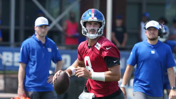 East Rutherford, NJ -- August 1, 2024 -- Quarterback, Daniel Jones during practice today at training camp for the New York Giants.