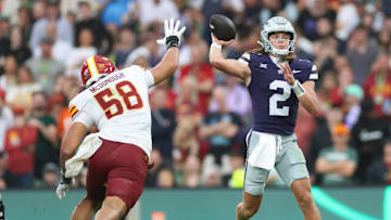 Aug 23, 2025; Dublin, IRELAND; Kansas State quarterback Avery Johnson throws a pass during the Aer Lingus Classic between Iowa State and Kansas State at Aviva Stadium. Mandatory Credit: Laszlo Geczo/INPHO via Imagn Images