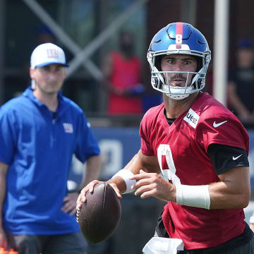 East Rutherford, NJ -- August 1, 2024 -- Quarterback Daniel Jones during practice today at training camp for the New York Giants.